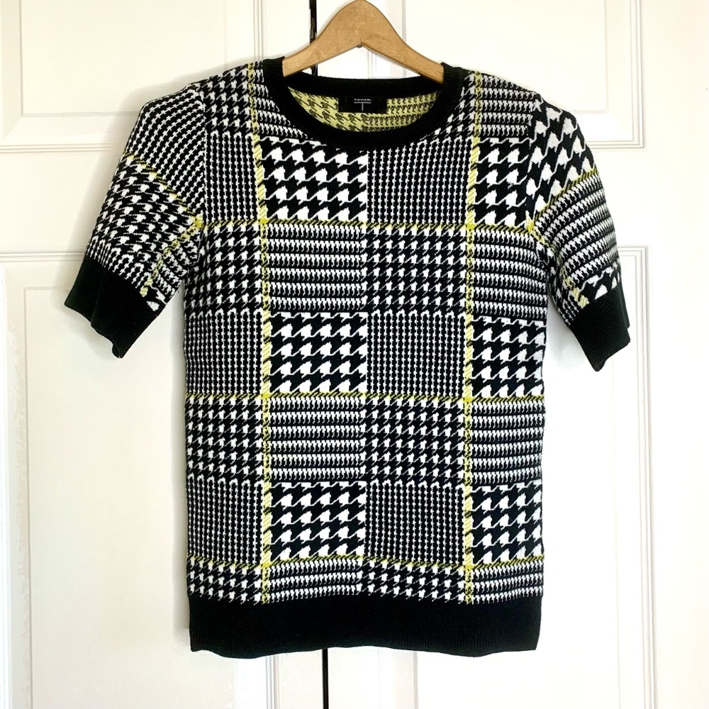 Tahari Short Sleeve Sweater, Black & White Houndstooth Neon Yellow Autumn Office